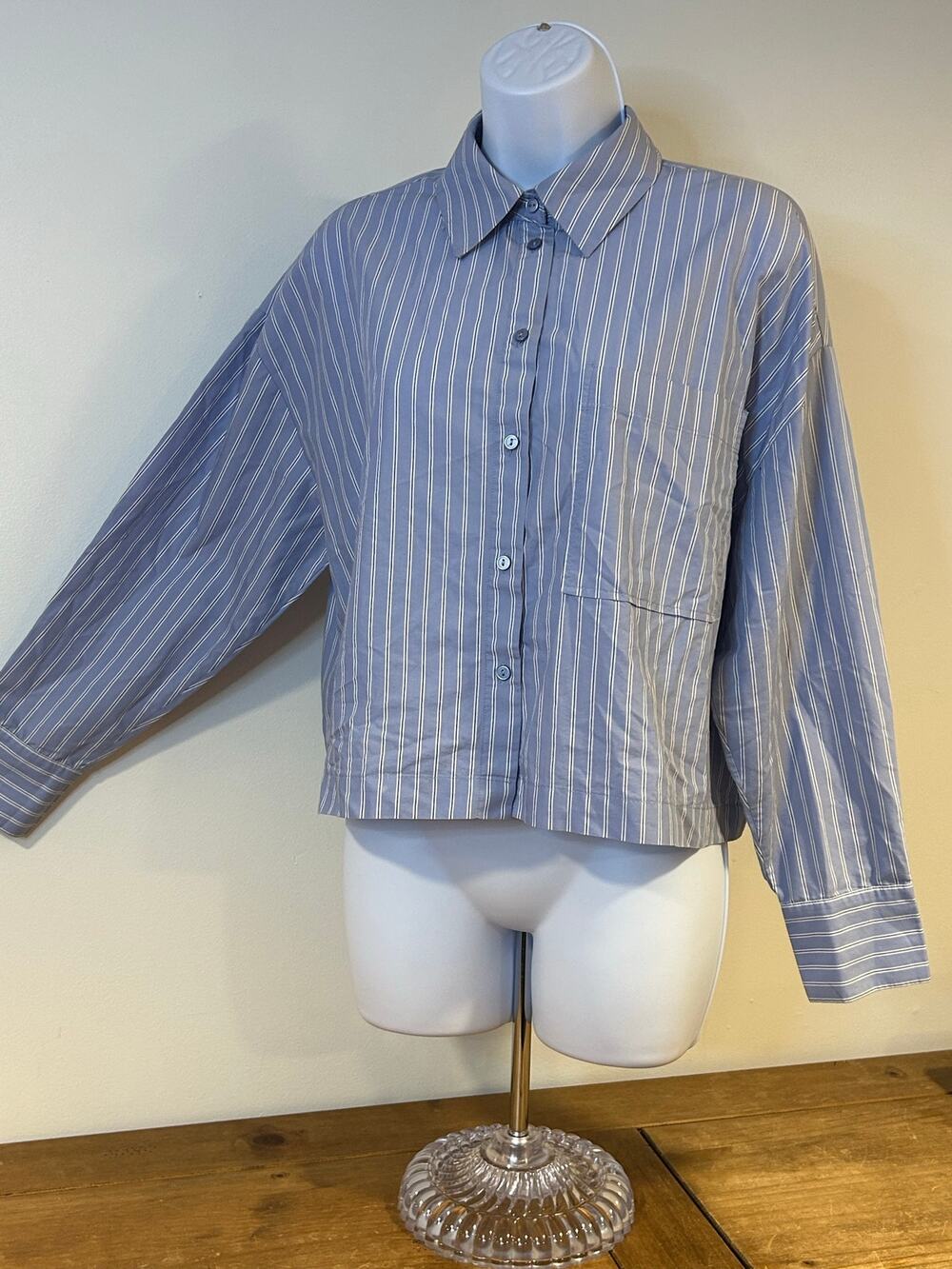 Zara Sz L Cropped Oxford Shirt Blue Pin Striped Long Sleeve Blouse Boxy Preppy